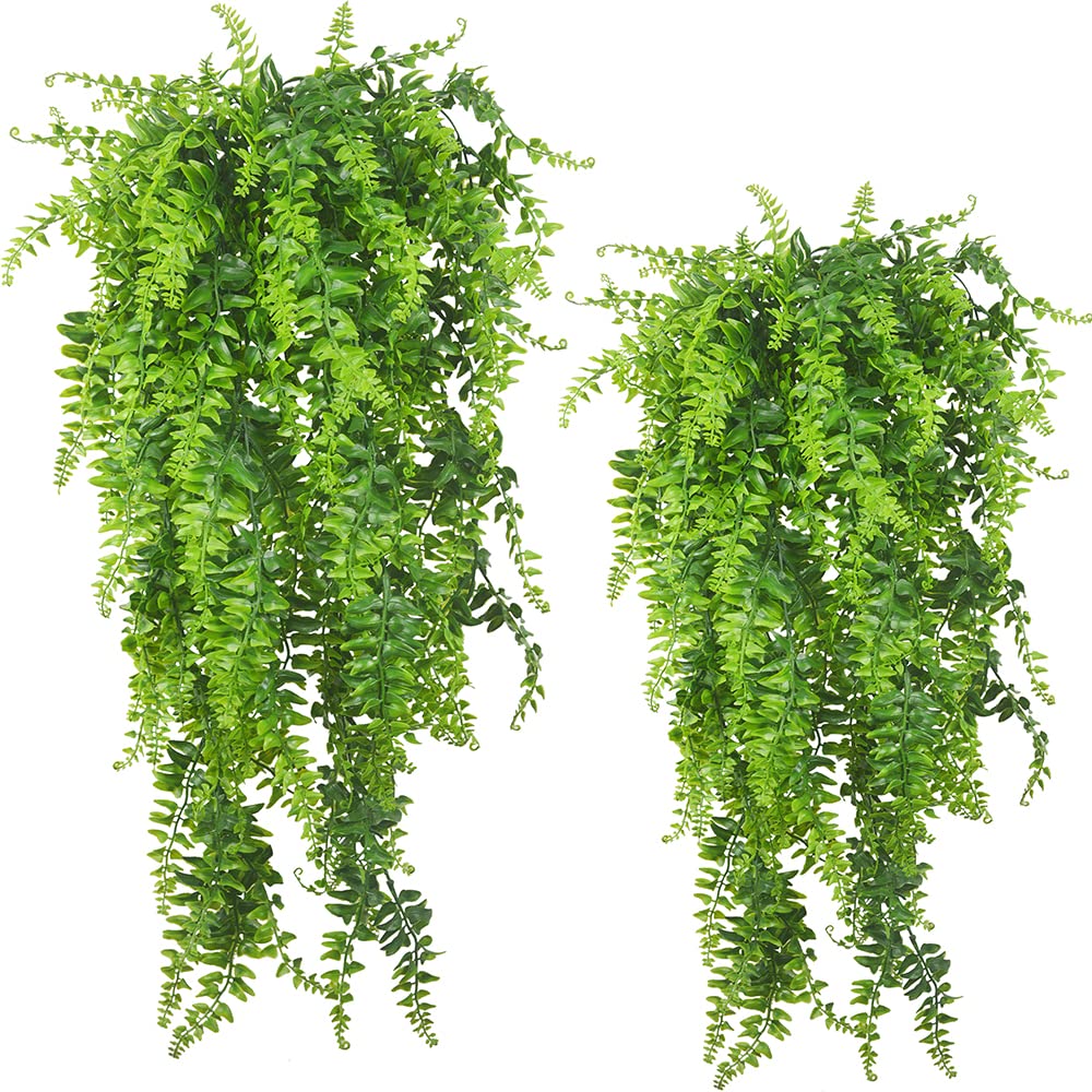 Artificial Plants Vines Fern Persian Rattan Fake Hanging Plant Faux Hanging Boston Ferns Flowers Vine Outdoor UV Resistant Plastic Plants Wall Indoor Hanging Baskets Wedding Garland Decor-2 pcs