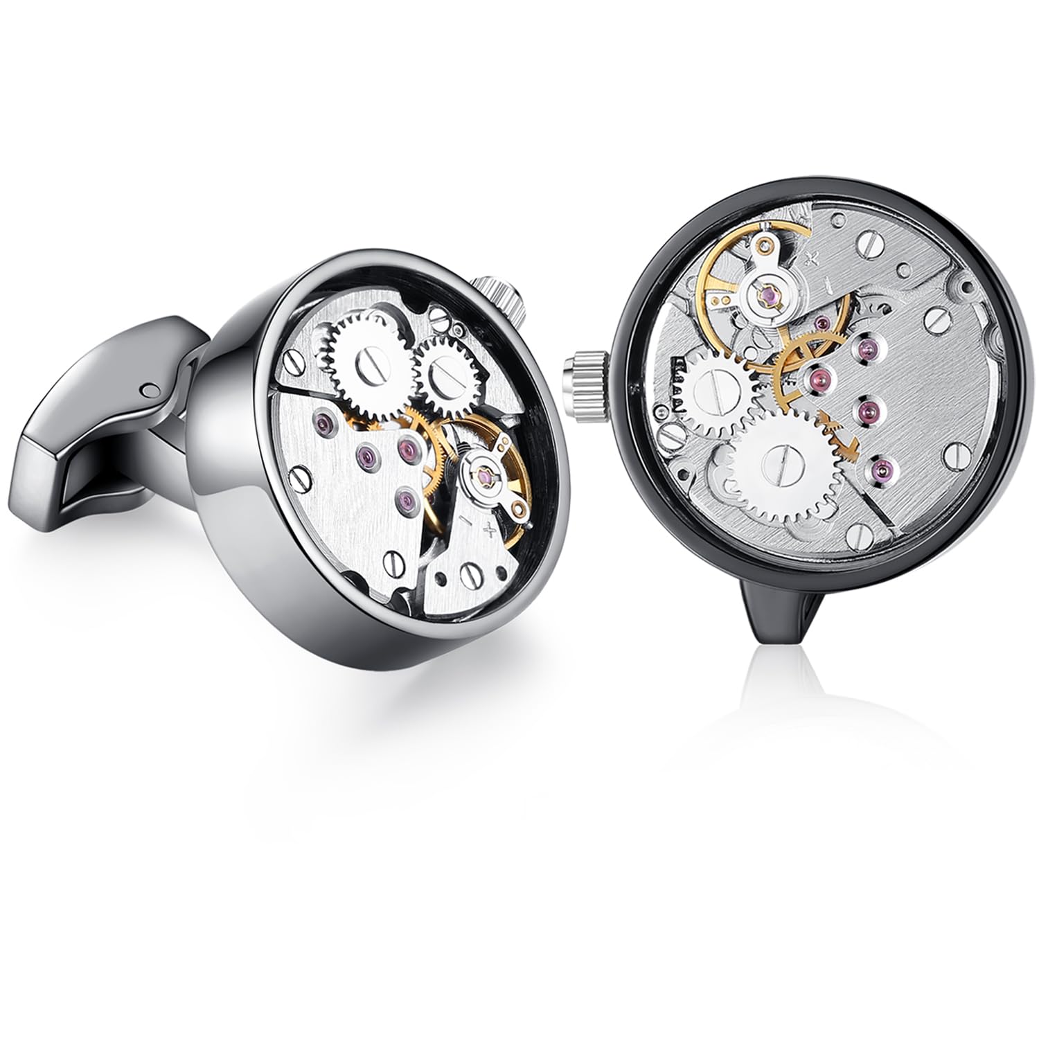 HONEY BEAR Mens Vintage Watch Movement Cufflinks with Box-Working,Steampunk Round Black