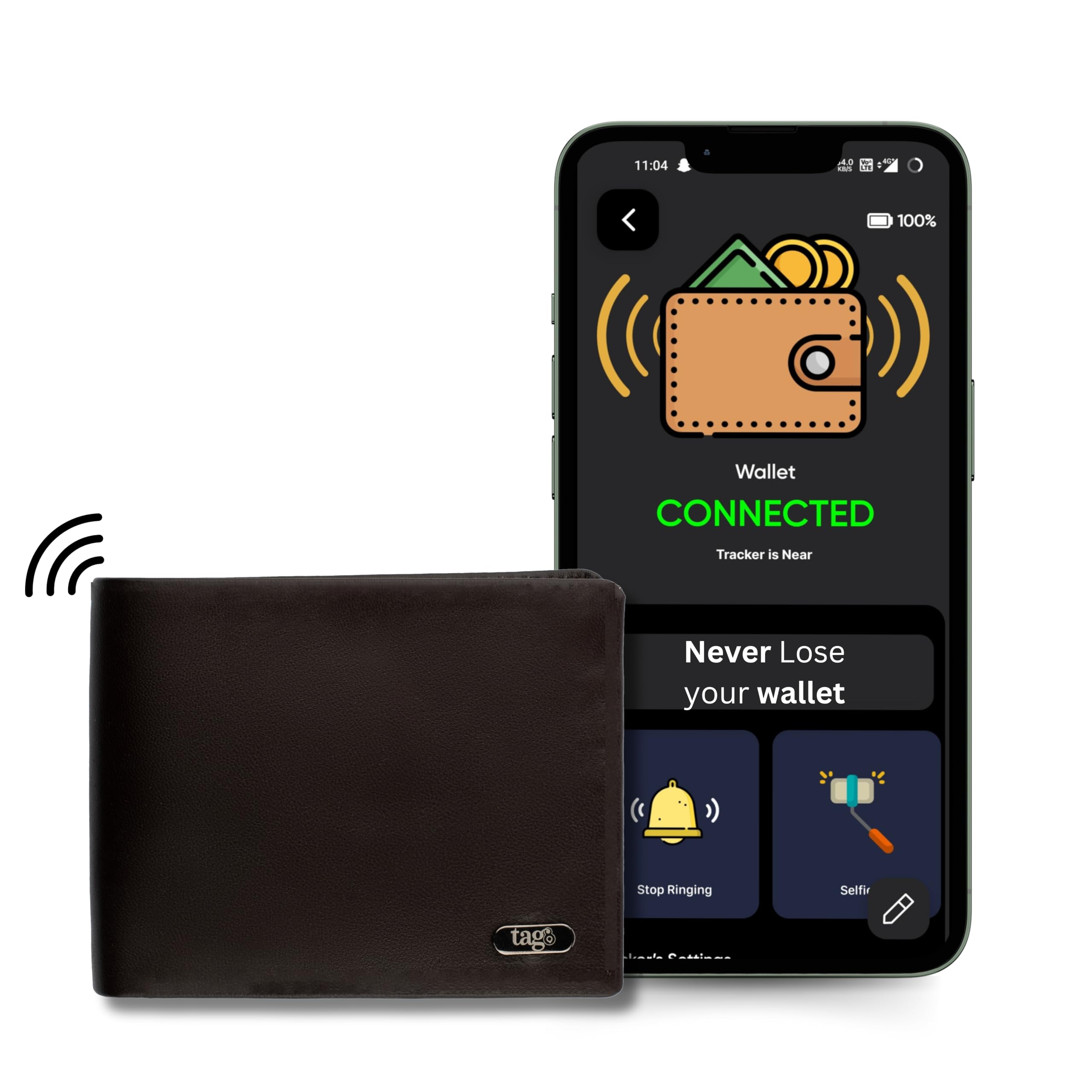 Photo 1 of tag8 DOLPHIN Men's Wallet with Tracker, Genuine Leather Slim Bifold RFID Blocking Minimalist Wallet, Credit Card Holder Smart Wallet for Men Works with Android & iOS - Rich Brown