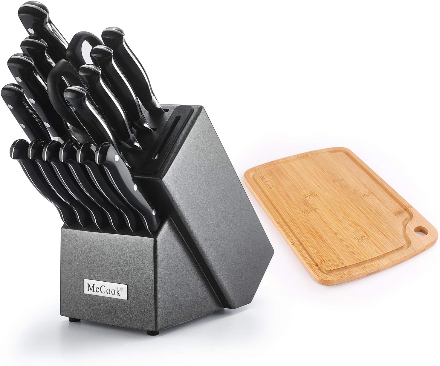 McCook MC36 16 Pieces Forged Triple Rivet Knife Set in Hard Wood Block with Built-in Sharpener Plus Bonus Bamboo Cutting Board, Graphite