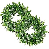 2 Packs Artificial Green Leaves Wreath - 11 inch Artificial Boxwood Wreaths with White Flower for Window Wall Wedding Decor