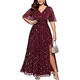 Pinup Fashion Women Plus Size Formal Dresses - Evening Gowns Sequin Prom Gala V Neck Flutter Sleeve Long Dress