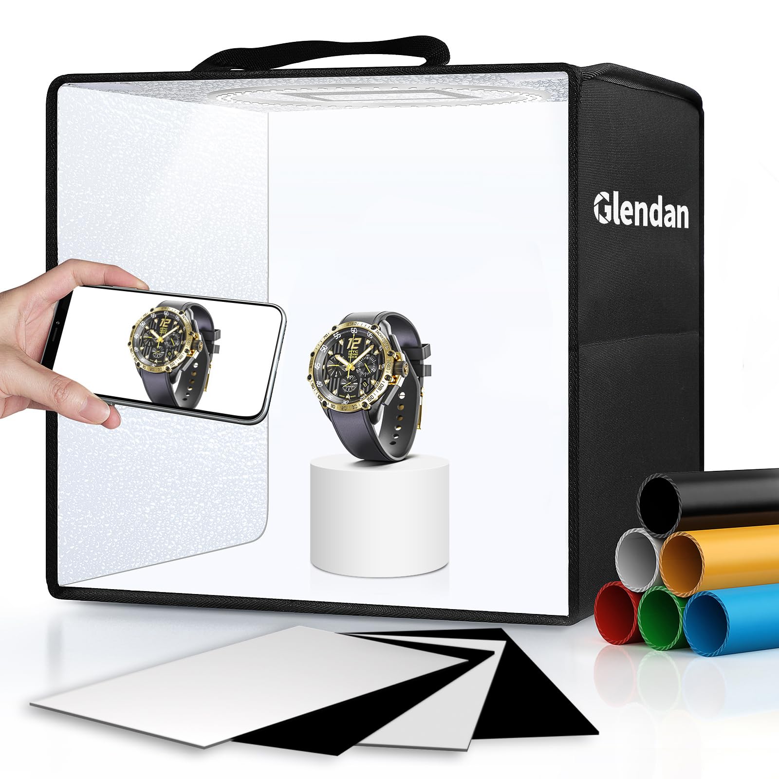 Photo 1 of Glendan Light Box Photography, 10"x10" Photo Box with 88 High Color Rendering Index LED Lights, 6 Color PVC Backdrops, 4 Reflection Boards and 1 Diffuser for Jewelry and Small Item Product Photography