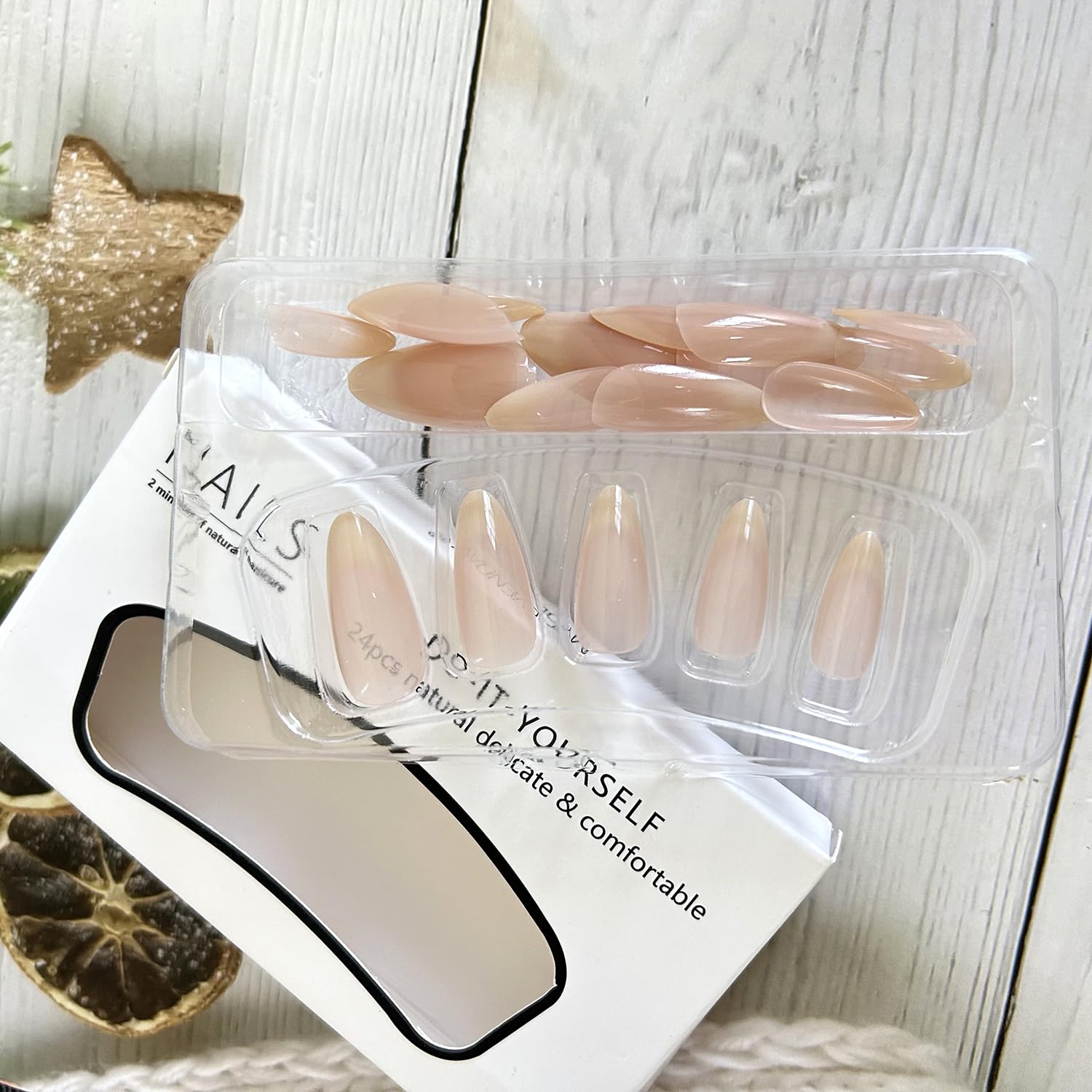 24Pcs Nude Gradient French Tip Press on Nails Medium Length Almond Shaped Artificial Acrylic Fake Nails TBRZTR Full Cover Reusable Glossy Nature French Coffin False Nails Glue on Nails for Women - Image 4