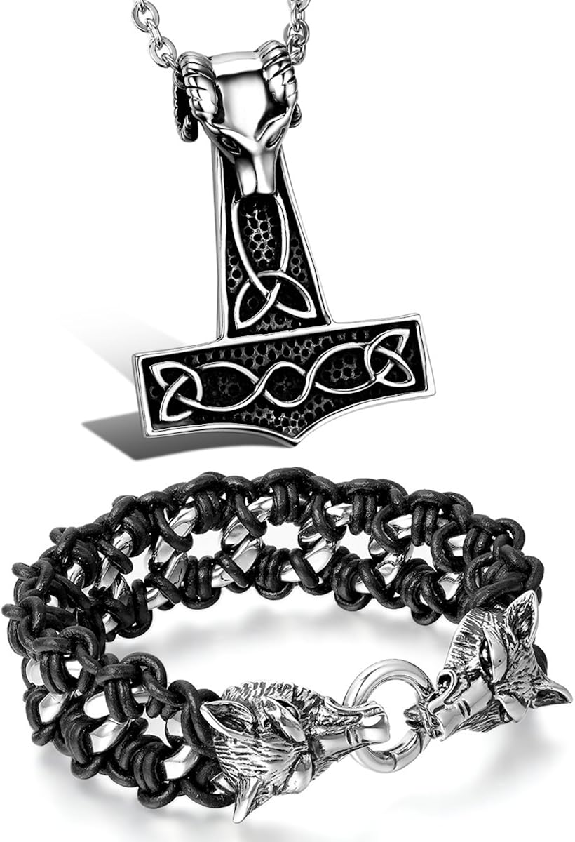 Aroncent Biker Punk Rock Stainless Steel Necklace Braided Leather Rope Bracelet with Wolf 2 Pcs Set