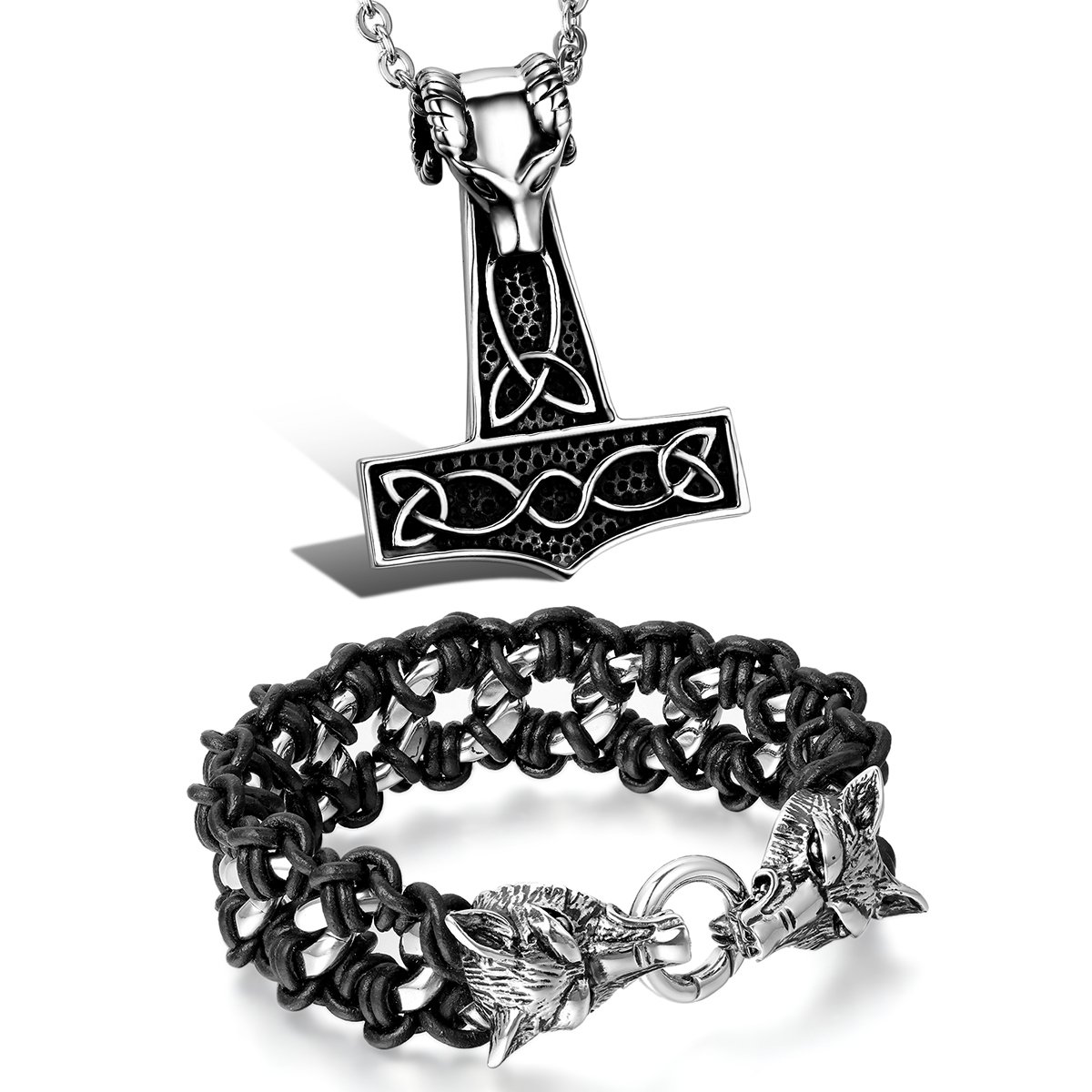 Aroncent Biker Punk Rock Stainless Steel Necklace Braided Leather Rope Bracelet with Wolf 2 Pcs Set