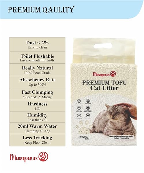 MUSUPAWS PREMIUM TOFU CAT LITTER (ORIGINAL) 100% NATURAL INGREDIENTS, ULTRA ABSORBENT, DUST – FREE, FLUSHABLE, EASY CLEANING & SCOOPING – PRETTY KITTY ODOR CONTROL LIGHTWEIGHT MULTI-CAT QUICK CLUMPING