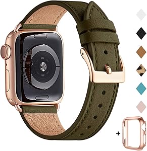 Bestig Band Compatible for Apple Watch 38mm 40mm 42mm 44mm, Genuine Leather Replacement Strap for iWatch Series 6 SE 5 4 3 2 1,Sports & Edition (Olive Green Band+Rose Gold Adapter, 38mm 40mm)
