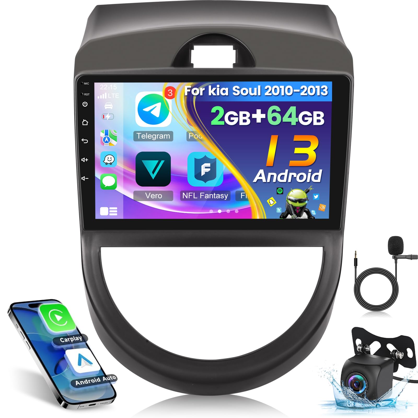 Photo 1 of [2+64G] Android Car Stereo Radio for KIA Soul 2010 2011 2012 2013-9 Inch Touch Screen Kia Radio - Wireless Carplay & Android Auto, GPS, 5G/WiFi, Mirror Link, FM/RDS, SWC + AHD Backup Camera