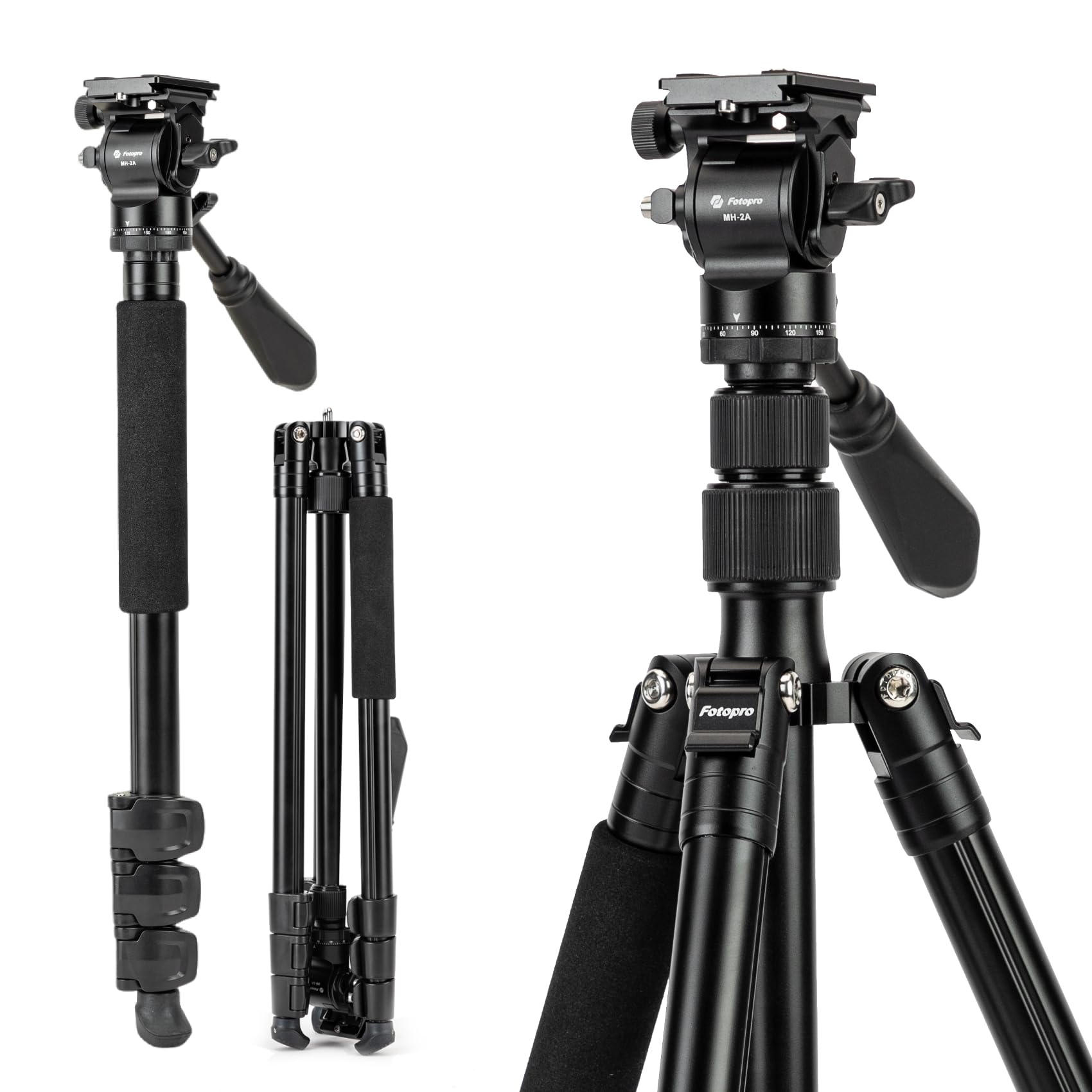 Fotopro 168 cm/66 inch Aluminium Video Travel Tripod and Monopod with 360° Fluid Head, Professional Camera Tripod for DSLR, Load up to 3 kg/6.6 lbs