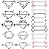TIANCI FBYJS 11 Pairs Stainless Steel 14G Nipple Rings Nipplerings CZ Heart Tongue Shield Barbell Rings Retainer Body Piercing Jewelry for Women 9/16Inch