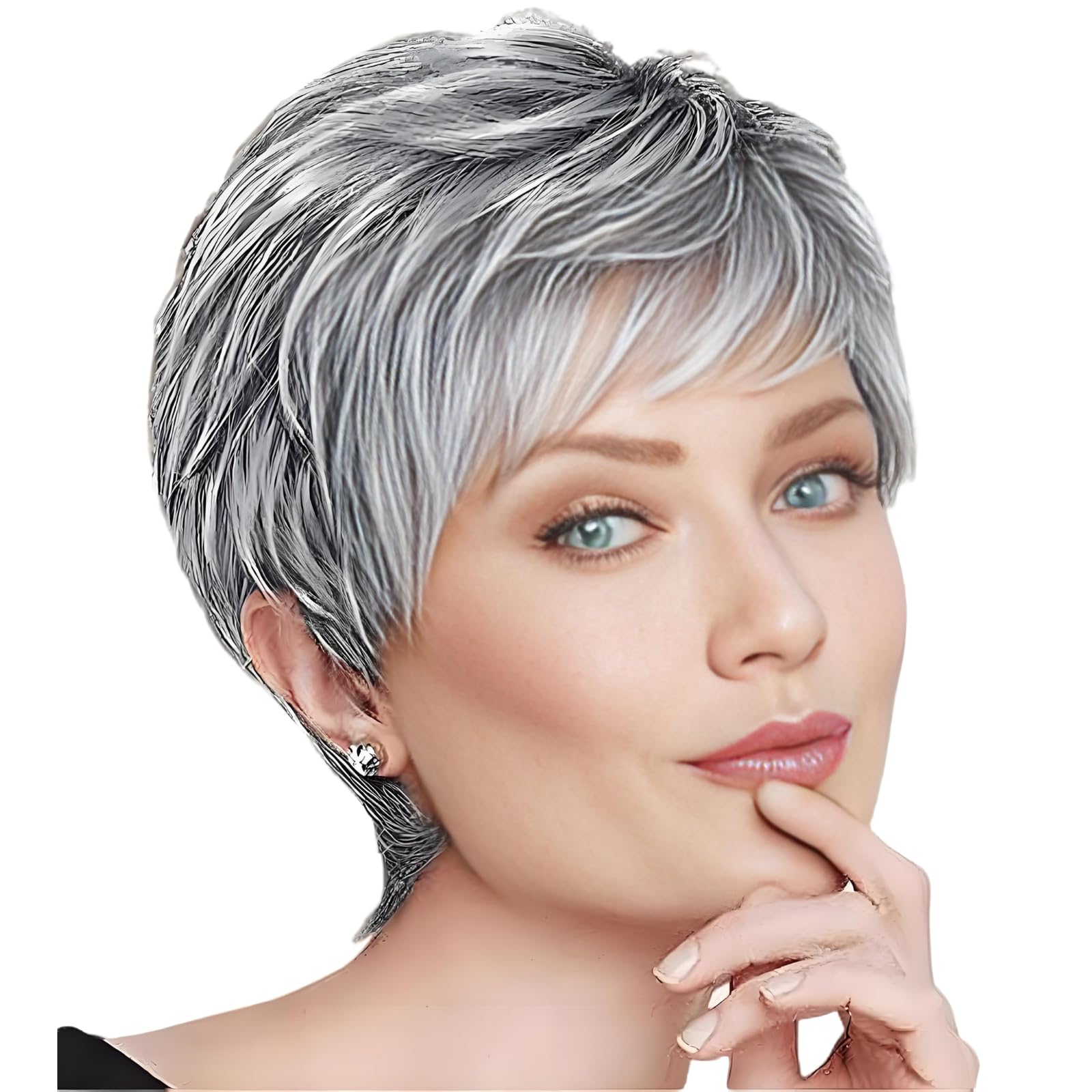 BECUS Short Grey Pixie Wig with Fringe for Women, Old Lady Wig, Silver Grey Hair Wigs, Fluffy Layered Synthetic Hair, Black and Grey Wigs, Daily Wear and Special Occasions (Ombre Silver Grey) — image 1
