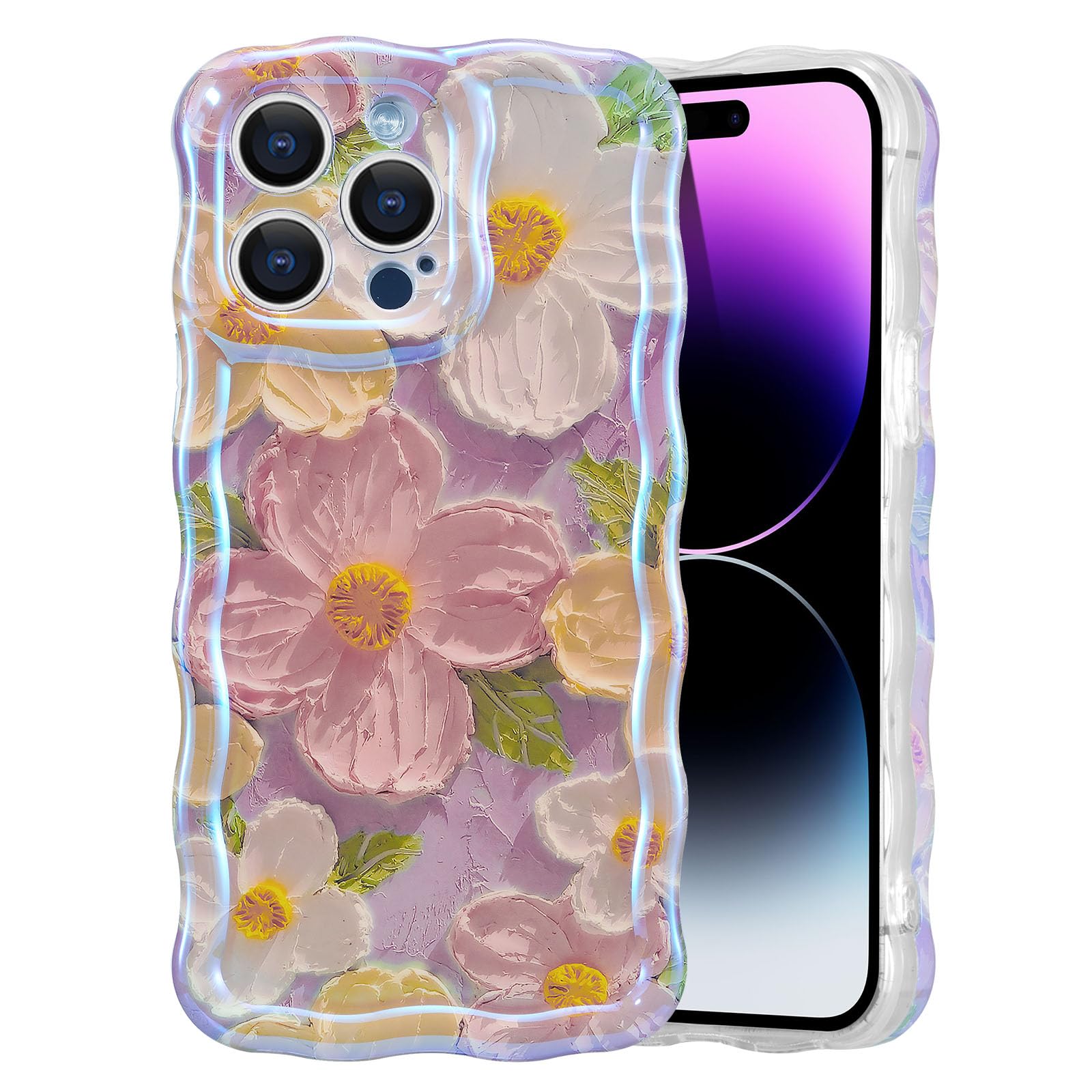 EYZUTAK Case for iPhone 13 Pro, Colorful Retro Oil Painting Flower Laser Beam Glossy Pattern Cute Curly Waves Border Exquisite Phone Cover Stylish Durable TPU Protective Case for Girls Women - Pink