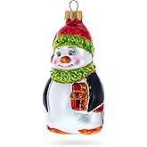 Penguin in Santa Hat with Red Present Glass Christmas Ornament
