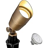 GKOLED Solid Brass Low Voltage Compact Spotlight, 12V AC/DC Waterproof Outdoor Landscape Spot Lights for House Trees Garden Yard Lawn, Up Light with 5W 2700K MR16 Bulb, Stake Included