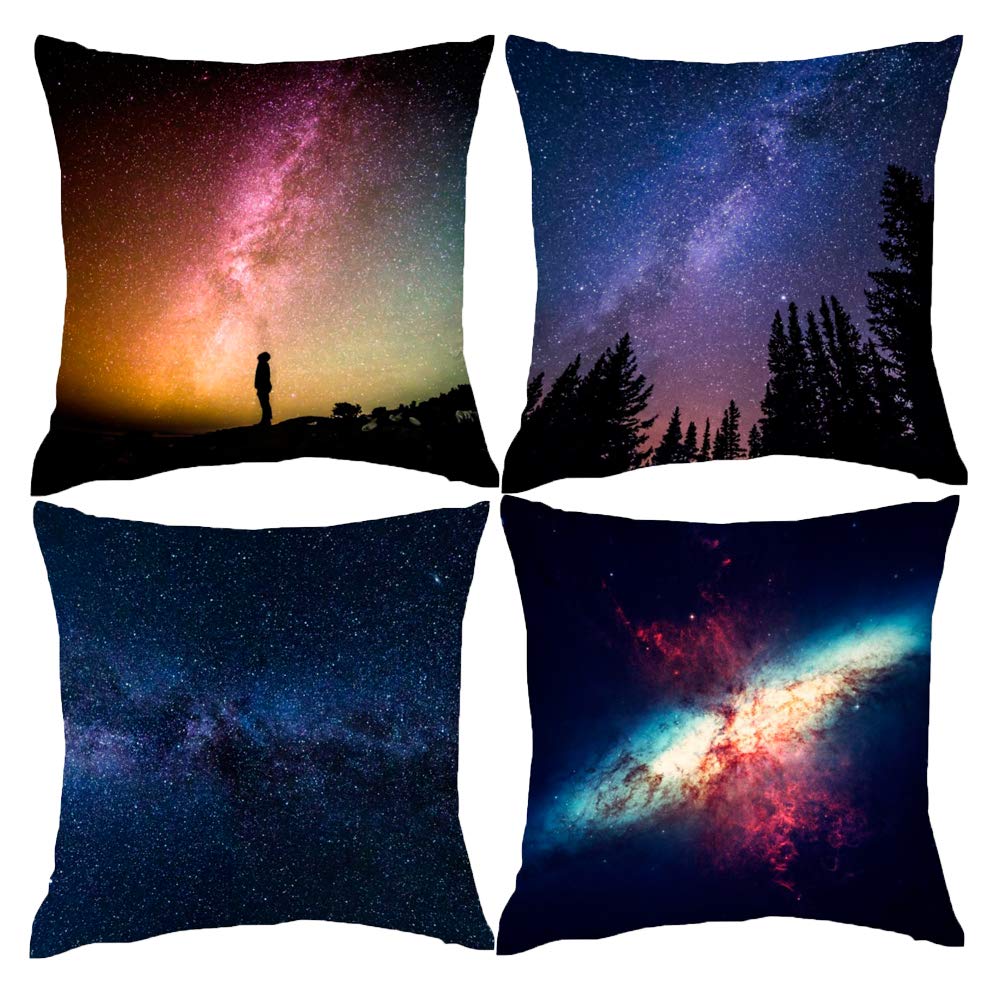 HOSTECCO Galaxy Space Cushion Covers 18x18 inches Set of 4 Universe Pillow Cases Decorative Pillow Covers