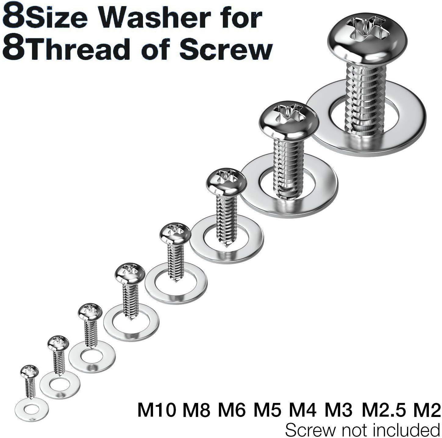 Xrten 360 Pcs Stainless Steel Plain Washers, Flat Washers Assortment Kit (M2 M2.5 M3 M4 M5 M6 M8 M10) - Image 5