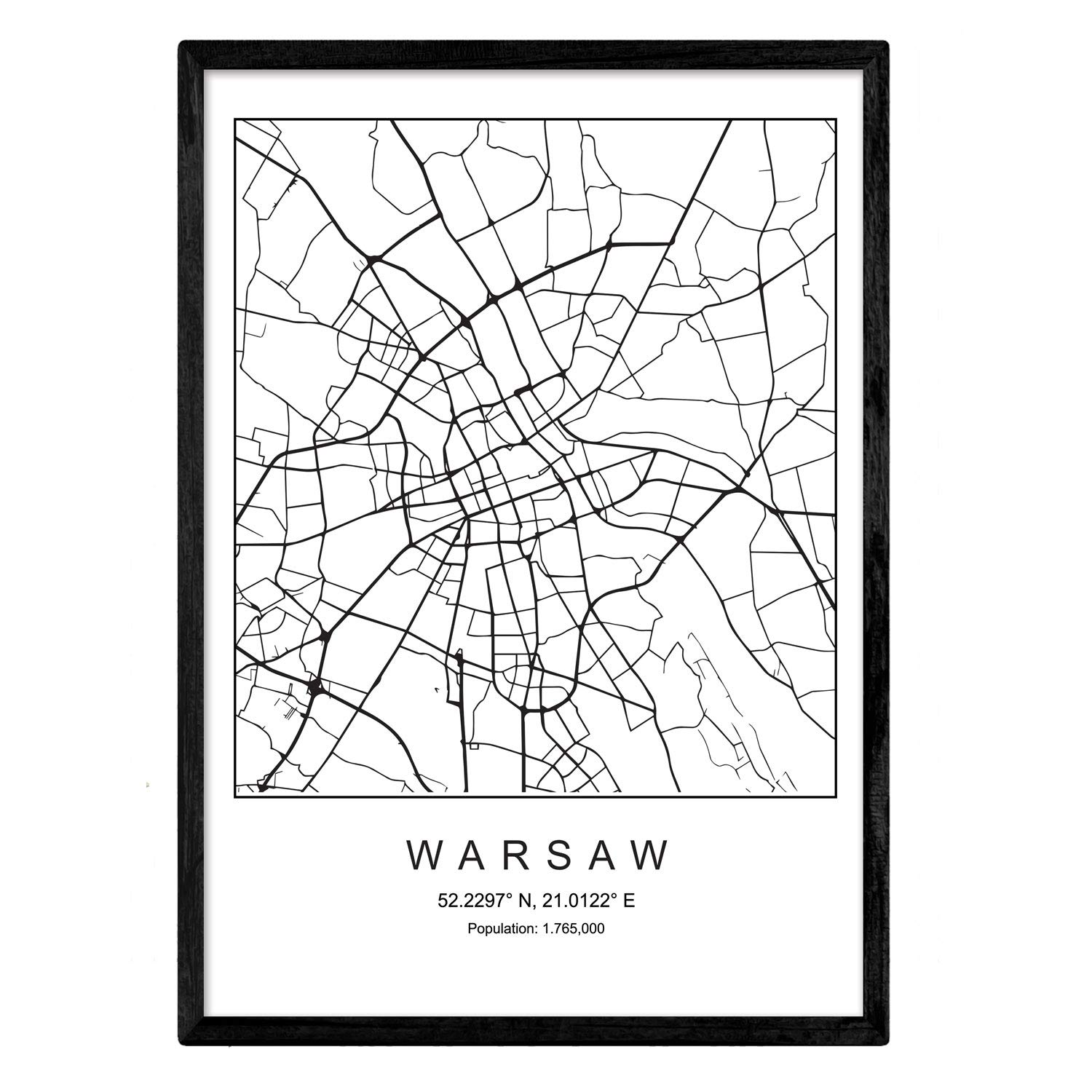 Print city map Warsaw Scandinavian style in black and white. Poster A4 Printed paper No 250 gr. Paintings, prints and posters for living room and bedroom