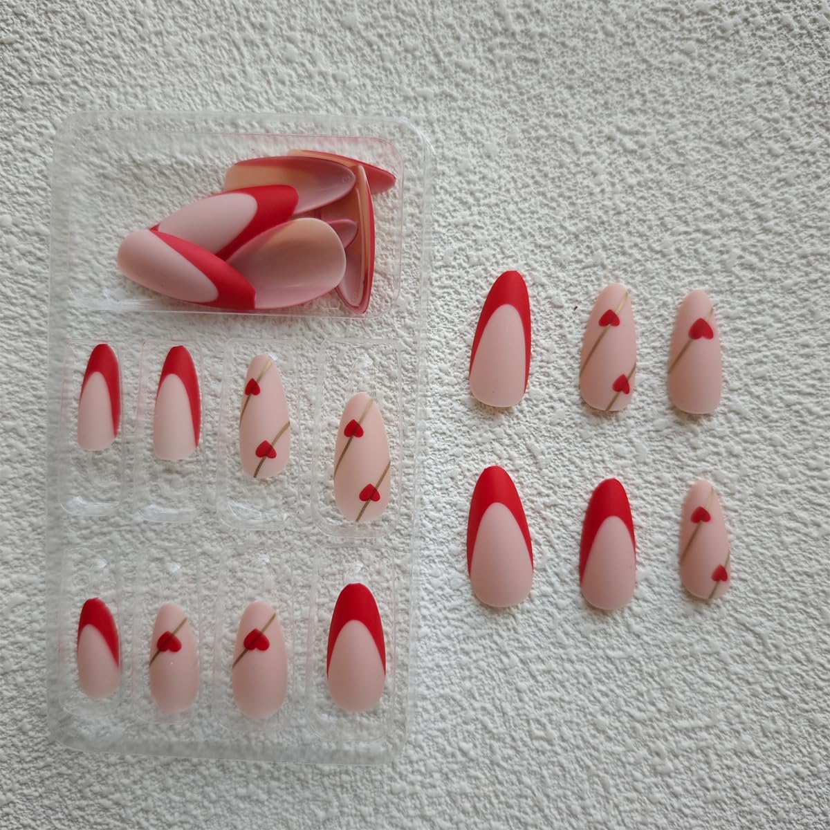 Red French Tip Press on Nails Heart Fake Nails Medium Almond False Nails with Line Design Love Glue on Nails Glossy Acrylic Full Cover Nude Pink Stick on Nails for Women Manicure - Image 4