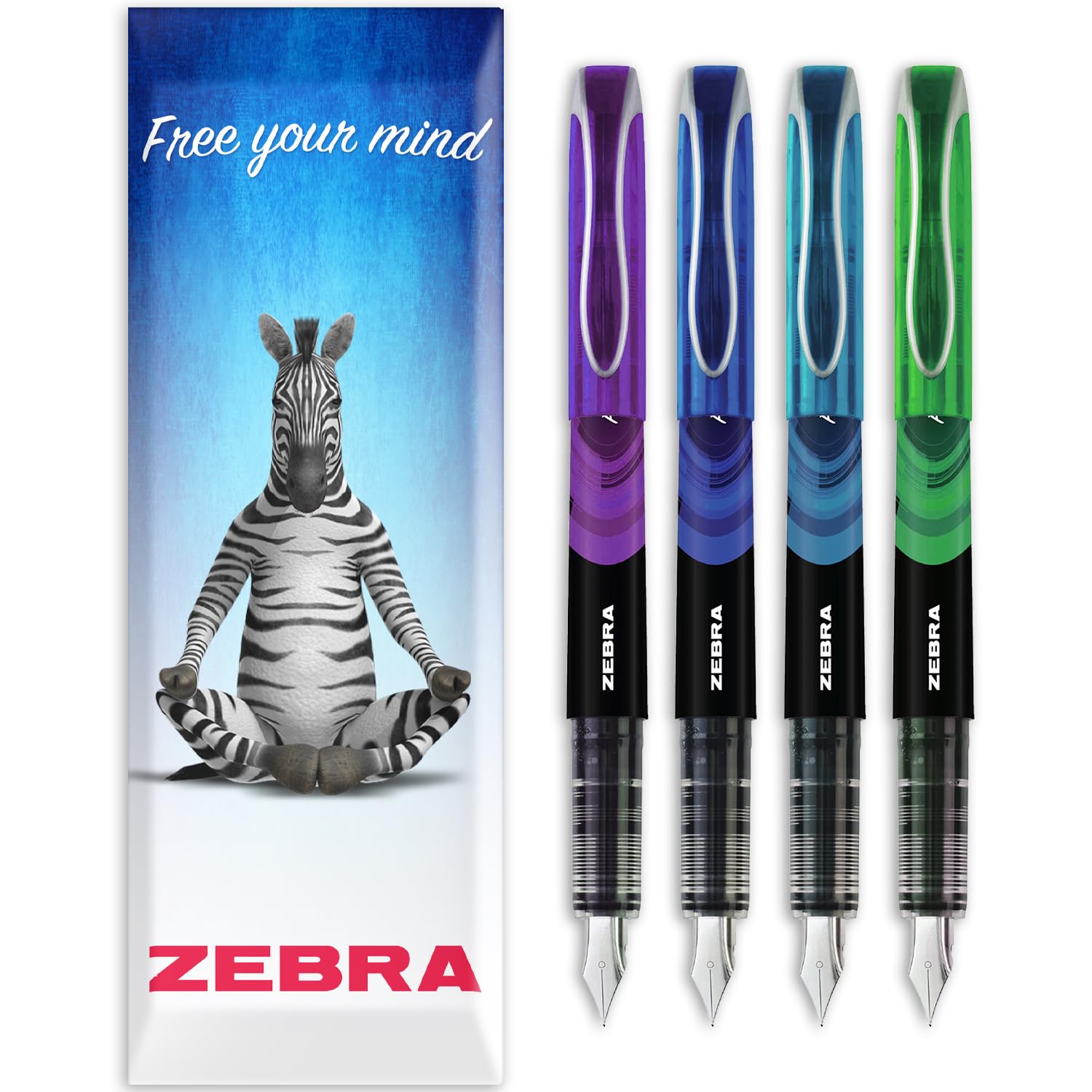 Zebra Fuente - Disposable Fountain Pen - 1.0mm Fine Nib 0.6mm Line Width - Ocean Tones - In Envelope Gift Packaging - Pack of 4