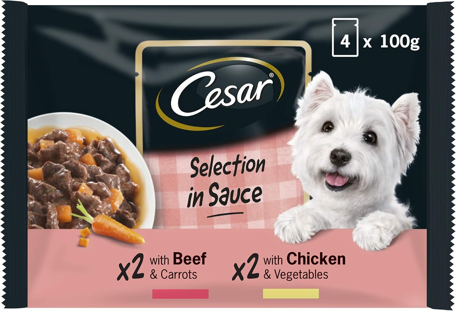 Cesar Pouch Selection in Sauce, Fresh Adult Wet Dog Food Pouches in Delicious Sauce with Succulent Meats and Vegetables, 52 x 100 g