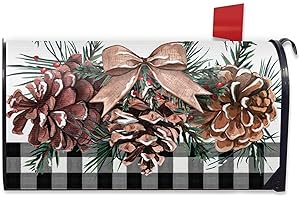 FBCOO Winter Pine Cone Mailbox Cover Magnetic Standard Size 21" x 19", Buffalo Plaid Farmhouse Decorative Post Letter Box Wrap Decor, Christmas Pine Needle Bow Red Berry Garden Yard Outdoor Decoration