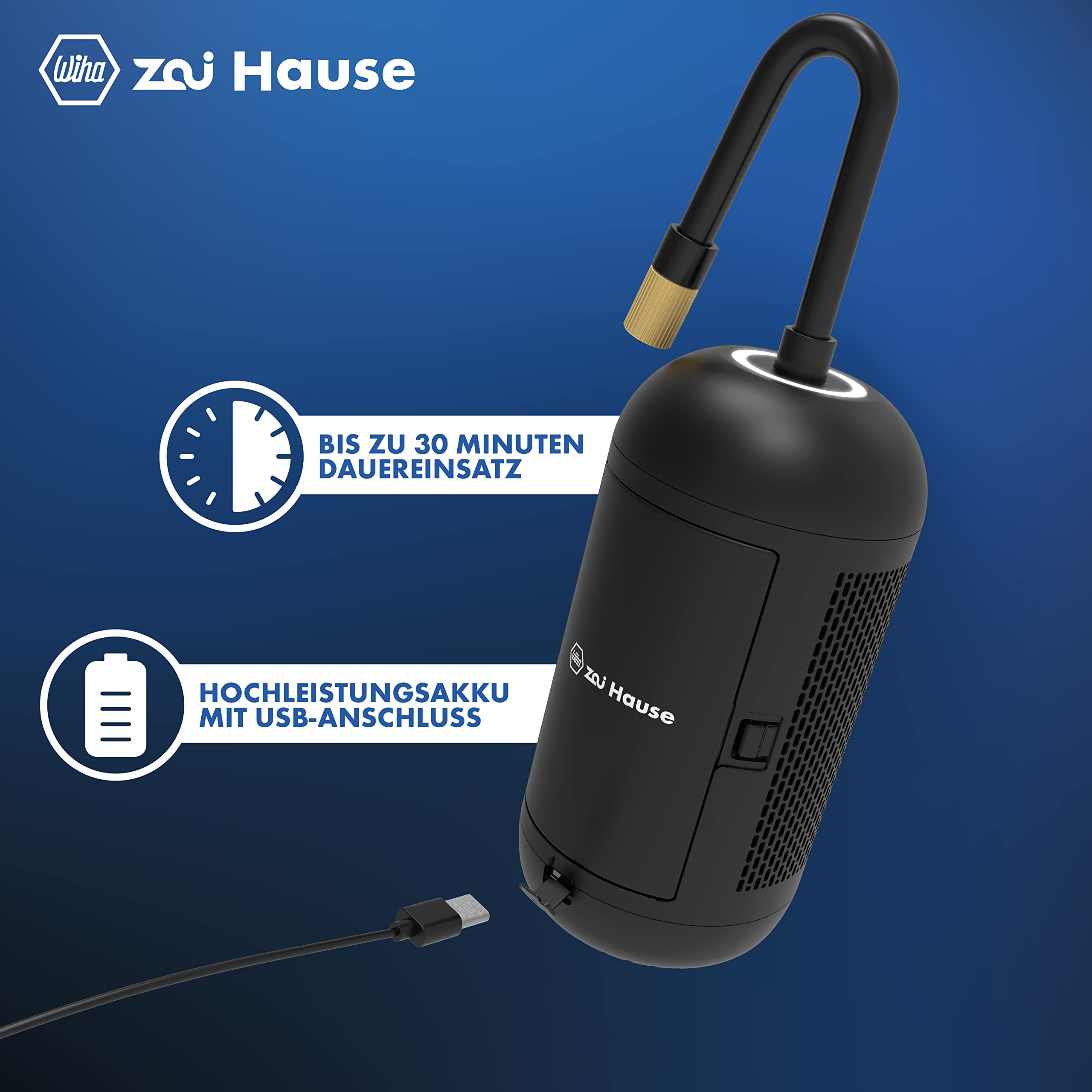 Wiha zai Hause Elektrische Luftpumpe für Fahrrad & Auto mit Akku 3,7 V inkl. Adaptern für Motorrad/Ball/Rad/Kfz bis zu 10 bar/150 psi I Mobiler Kompressor mit LED-Ringlicht I Fahrradluftpumpe tragbar 5