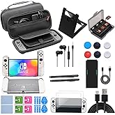 Accessories Bundle for Nintendo Switch OLED, Travel Carrying Bag Case, Screen Protector, Charger & Cable, Game Holder and Headphones 18 in 1 Accessory Kit