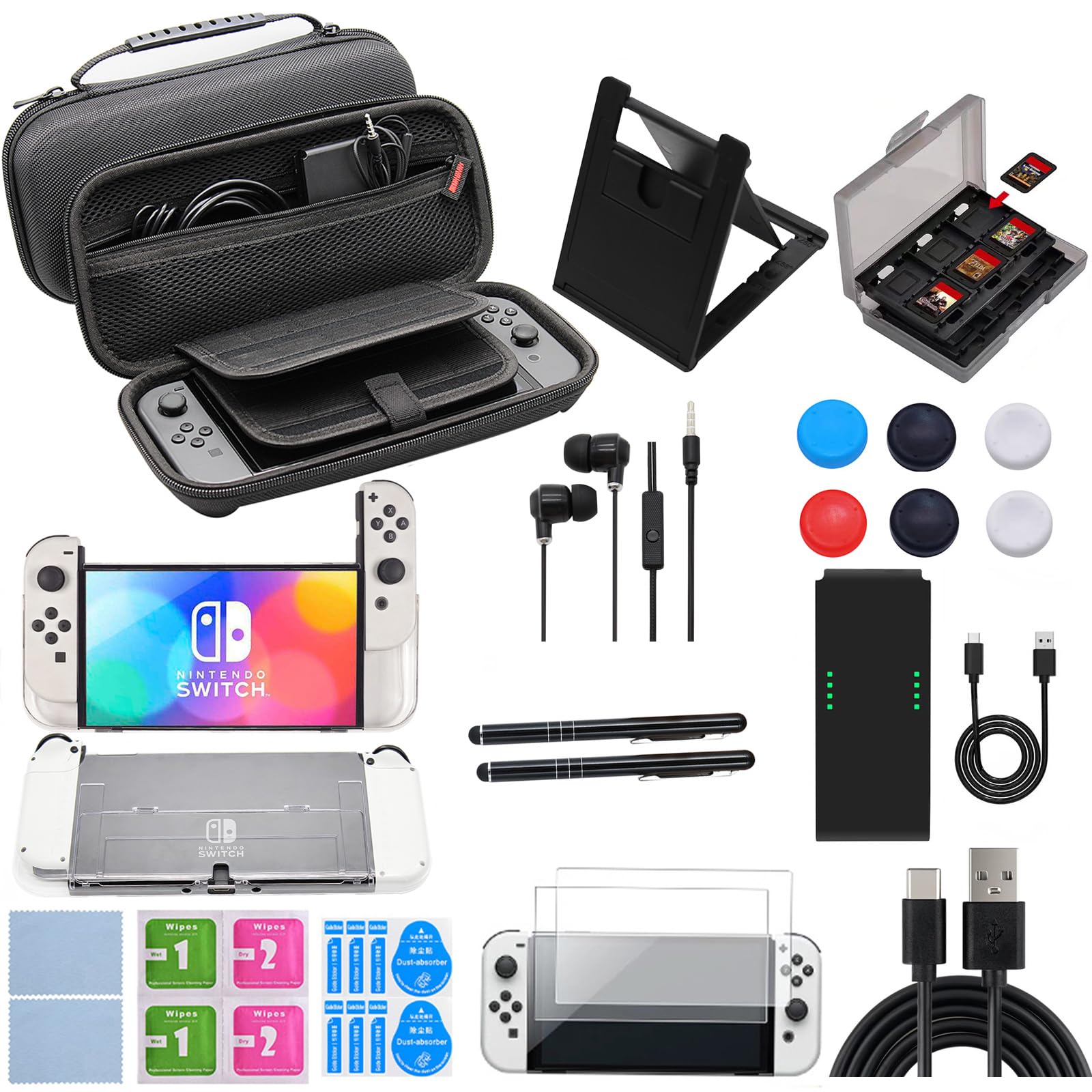 Accessories Bundle for Nintendo Switch OLED, Travel Carrying Bag Case, Screen Protector, Charger & Cable, Game Holder and Headphones 18 in 1 Accessory Kit