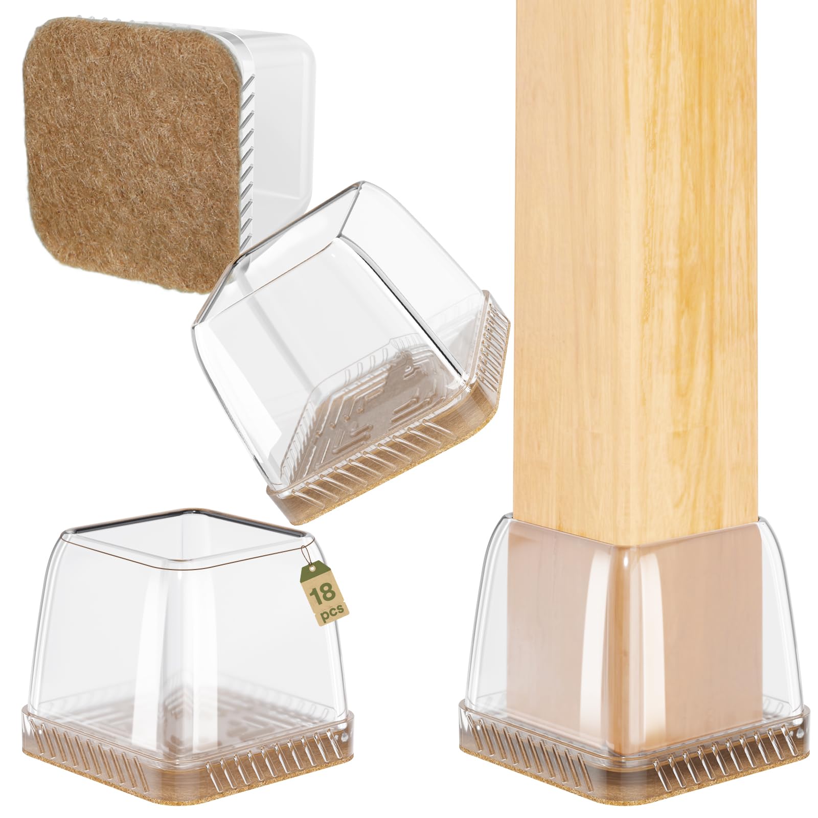 Euqvunn 18pcs Square Chair Leg Floor Protectors, Floor Protectors for Furniture Legs, Rectangle Stool Leg Covers with Felt Pads, Chair Leg Caps to Protect Hardwood Floors, 28-35mm