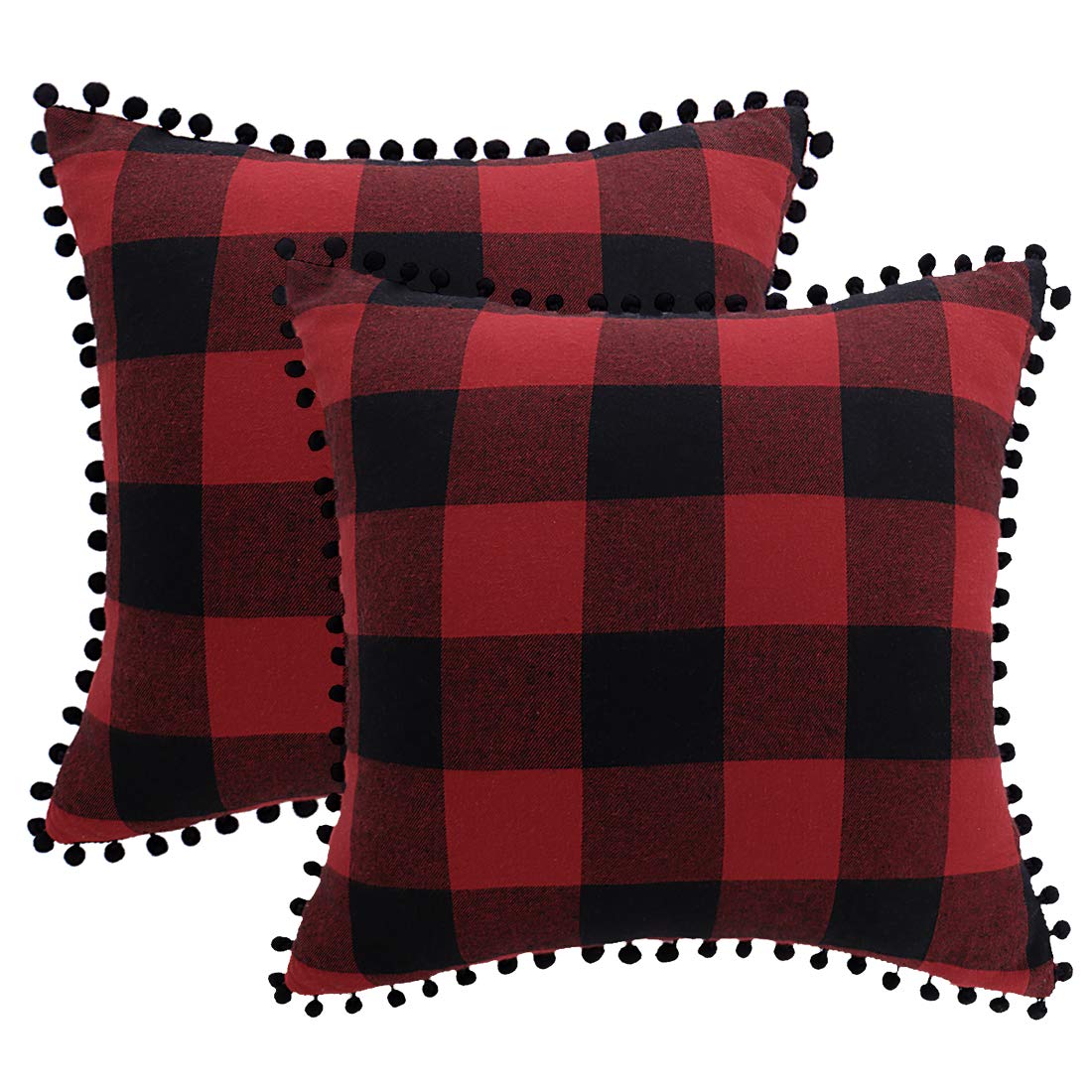 PiccoCasa Pack of 2 Decorative Cushion Covers, Check Throw Pillow Covers with Pom-poms - Classic Retro Cushion Covers for Sofa Bedroom, 45x45cm/18x18 in Throw Pillow Cases Red and Black