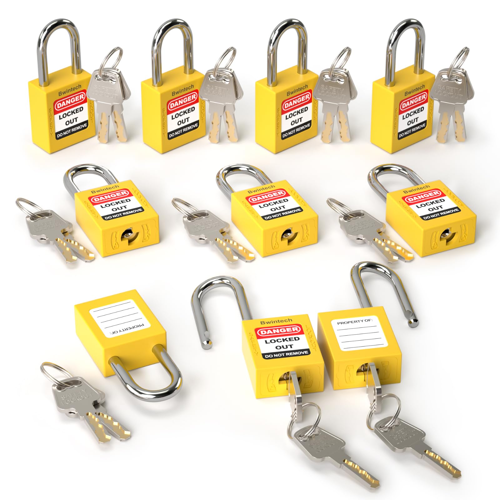 Bwintech 10 Pcs 38MM Keyed Different Yellow Safety Padlock Lockout Tagout Lock for Lock Out Tag Out Stations and Devices