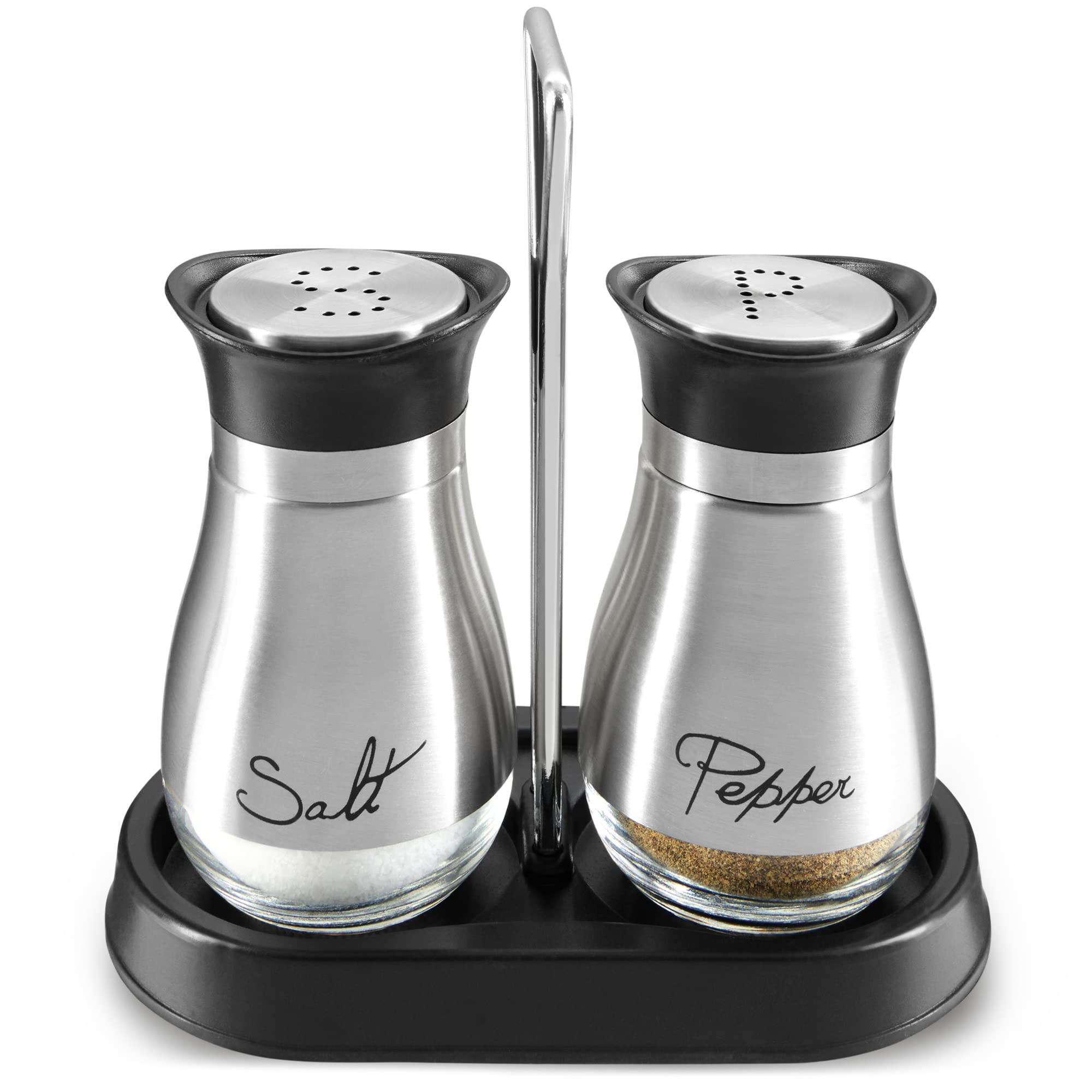 Photo 1 of Juvale Stainless Steel Salt and Pepper Shakers Set with Holder, Refillable, Clear Glass Bottoms, Screw-Off Perforated "S" and "P" Caps for Kitchen Table Decor (4oz)