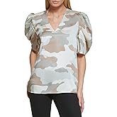 DKNY Womens Polished V-Neck Statement Sportswear Top