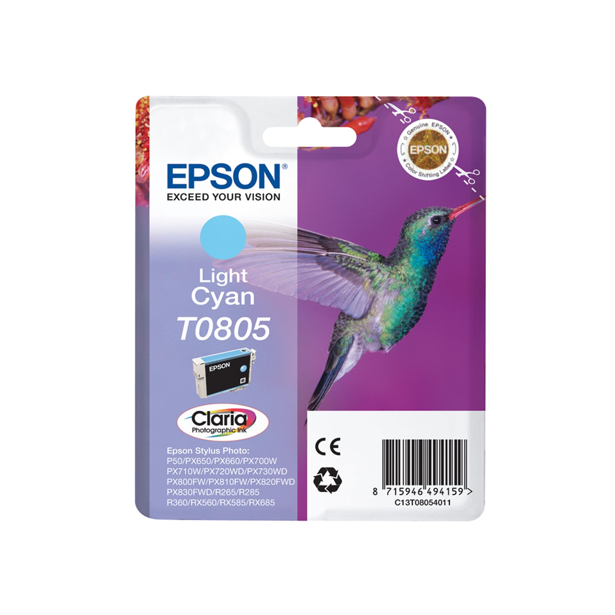 Epson T0805 Light Cyan Hummingbird Genuine Ink, Claria Photo HD Ink Cartridge