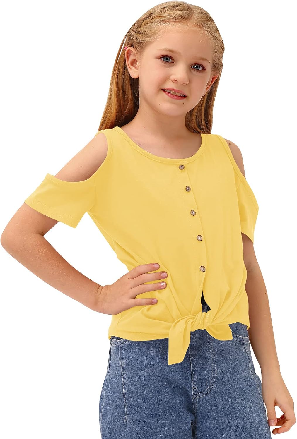 BesserBay Girl's Casual Solid Twist Knot Front Tunic Shirt Cold Shoulder Top 3-12 Years: Clothing