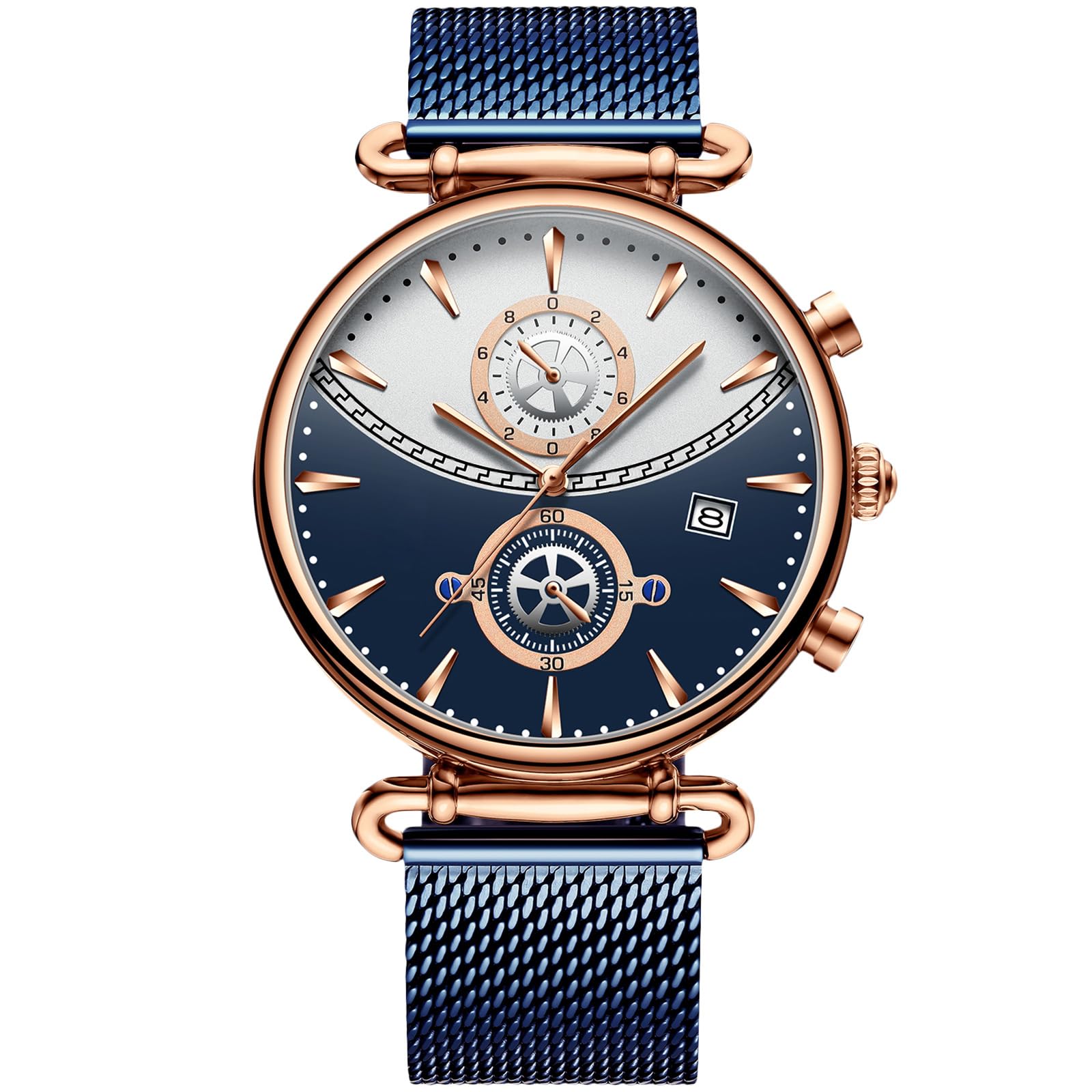 RORIOS Mens Watches Waterproof Analogue Quartz Watch Sports Chronograph Wristwatch with Stainless Steel Mesh Band Business Dress Watch for Men