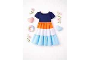 Girls' Cotton Tiered Dress Square Neck Short Sleeve Color Block Casual Summer Dresses for Toddler and Little Girls Size 2-8Y
