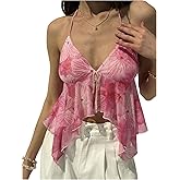 MakeMeChic Women's Summer Beach Floral Print Halter Top Ruffle Asymmetrical Hem Tie Back Crop Tops