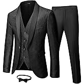 YND Men's 3 Piece Slim Fit Tuxedo Suit Set, One Button Shawl Collar Floral Business Blazer Jacket Vest Pants with Bow Tie