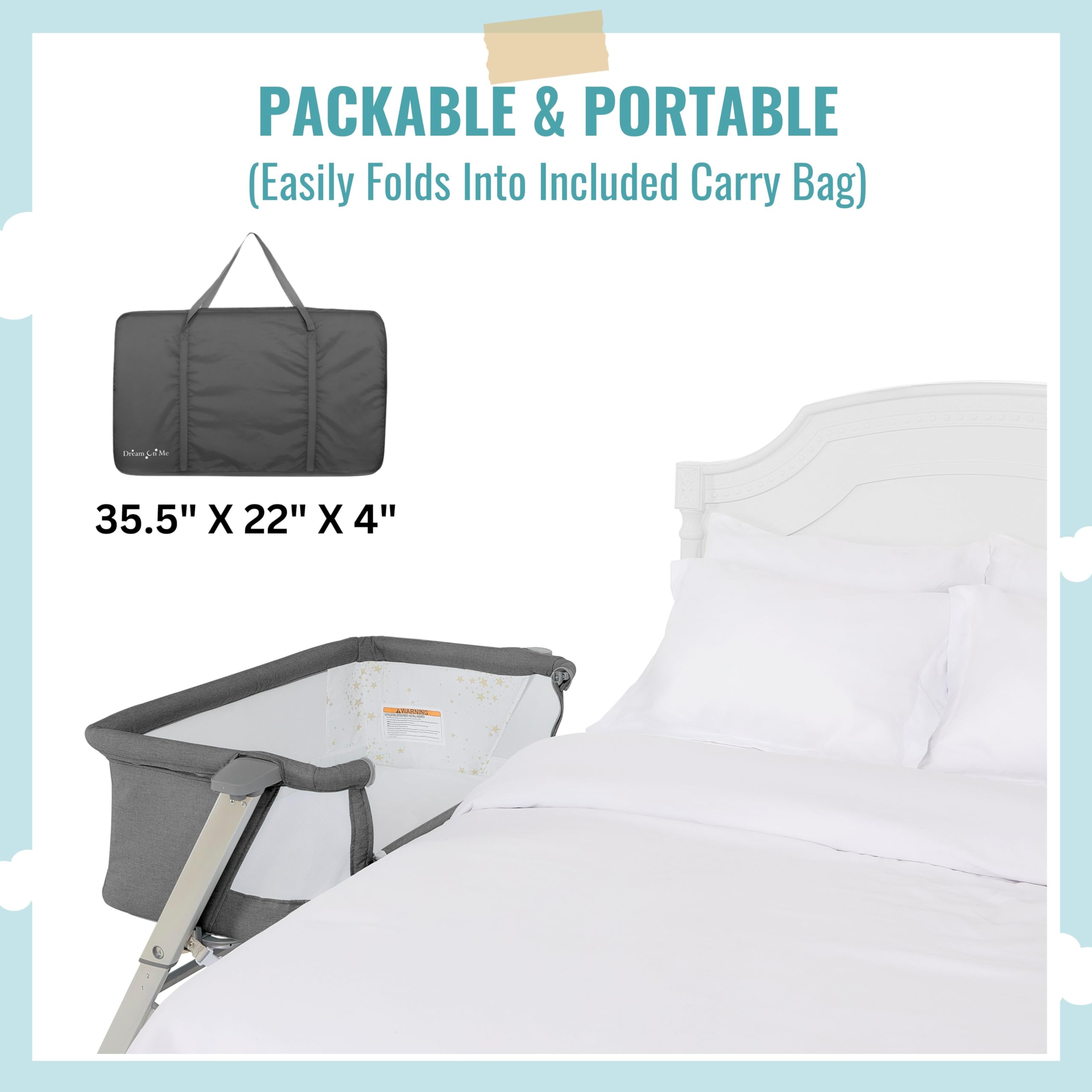 Dream On Me Skylar Bassinet and Bedside Sleeper in Grey, Lightweight and Portable Baby Bassinet, Five Position Adjustable Height, Easy to Fold and Carry Travel Bassinet, JPMA Certified