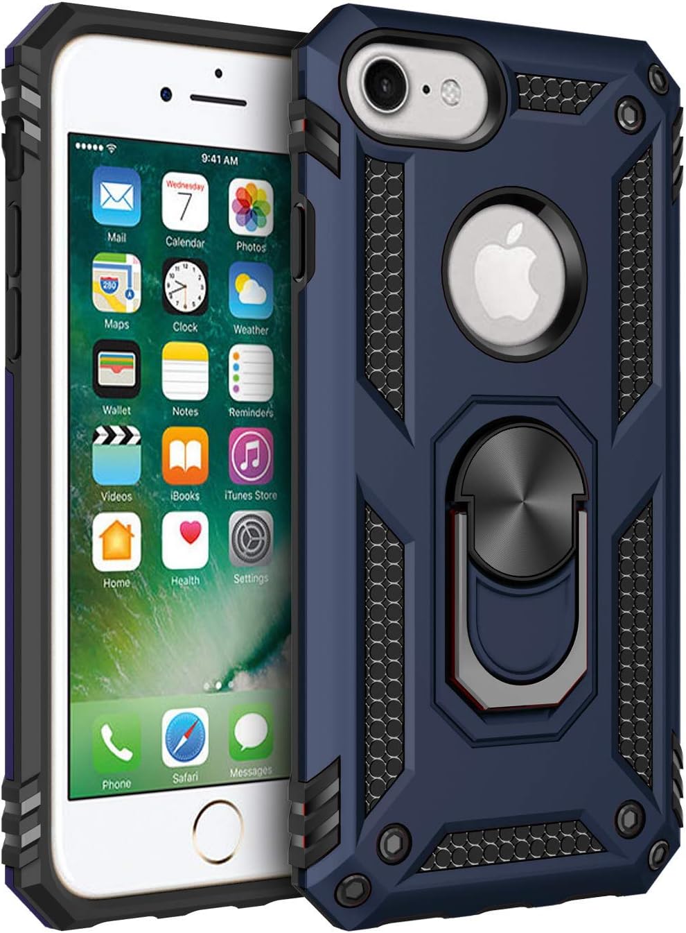 Enflamo Metal Rotating Ring Kickstand Holder Built-in Magnetic Car Mount Armor Heavy Duty Shock Proof Cover Protection Back Case for iPhone 7 / iPhone 8 (Blue)