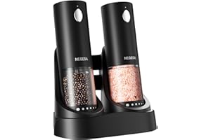 NEGESA Electric Salt and Pepper Grinder Set with Rechargeable Base - Automatic Refillable Electric Salt and Pepper Shakers with Large Capacity, LED Light & Adjustable Coarseness, Black