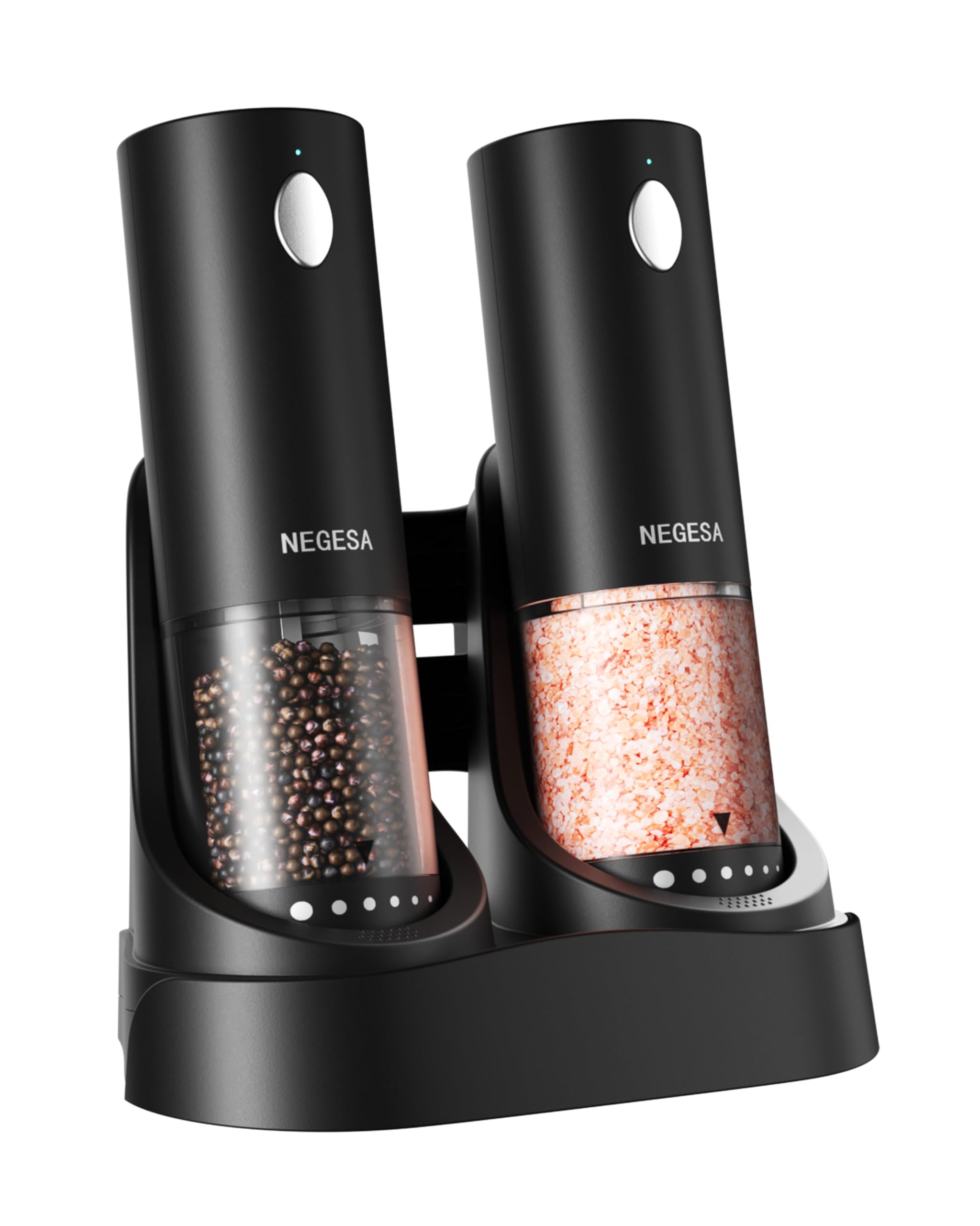 Photo 1 of Electric Salt and Pepper Grinder Set with Rechargeable Base - Automatic Refillable Electric Salt and Pepper Shakers with Large Capacity, LED Light & Adjustable Coarseness, Black