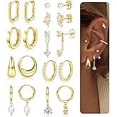 LOLIAS Hypoallergenic 14K Gold Plated Hoop Earring Stacks for Women -Huggie Stud Hoop Earrings Small Stainless Steel Cartilage Earring Sets for Multiple Piercing Lightweight 9Pairs