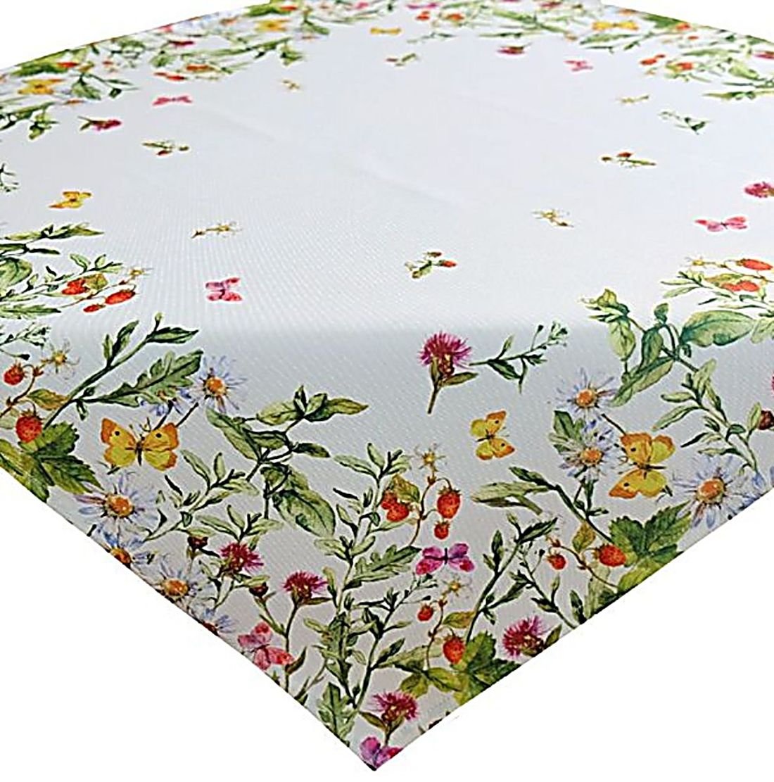 Tablecloth 85 x 85 cm Summer Easy Care White Summer Meadow Strawberries Colourful Garden Blanket
