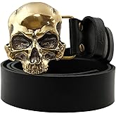 KLAMRA Leather belt with solid brass buckle SKULL, skull belt buckle on casual leather belt 1.5 or 1.8 inches