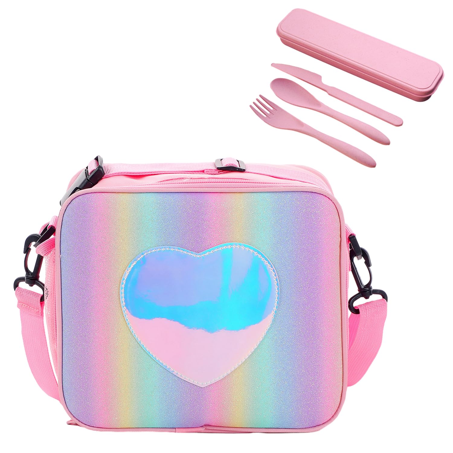 MEMOFYND 1 Pink Lunch Bag, with 1 Set of Pink Plastic Cutlery, with Insulated Lunch Compartment, Cutlery Bag, Waterproof, Heat-Proof, Suitable for Girls, Suitable for Outdoor, Picnic
