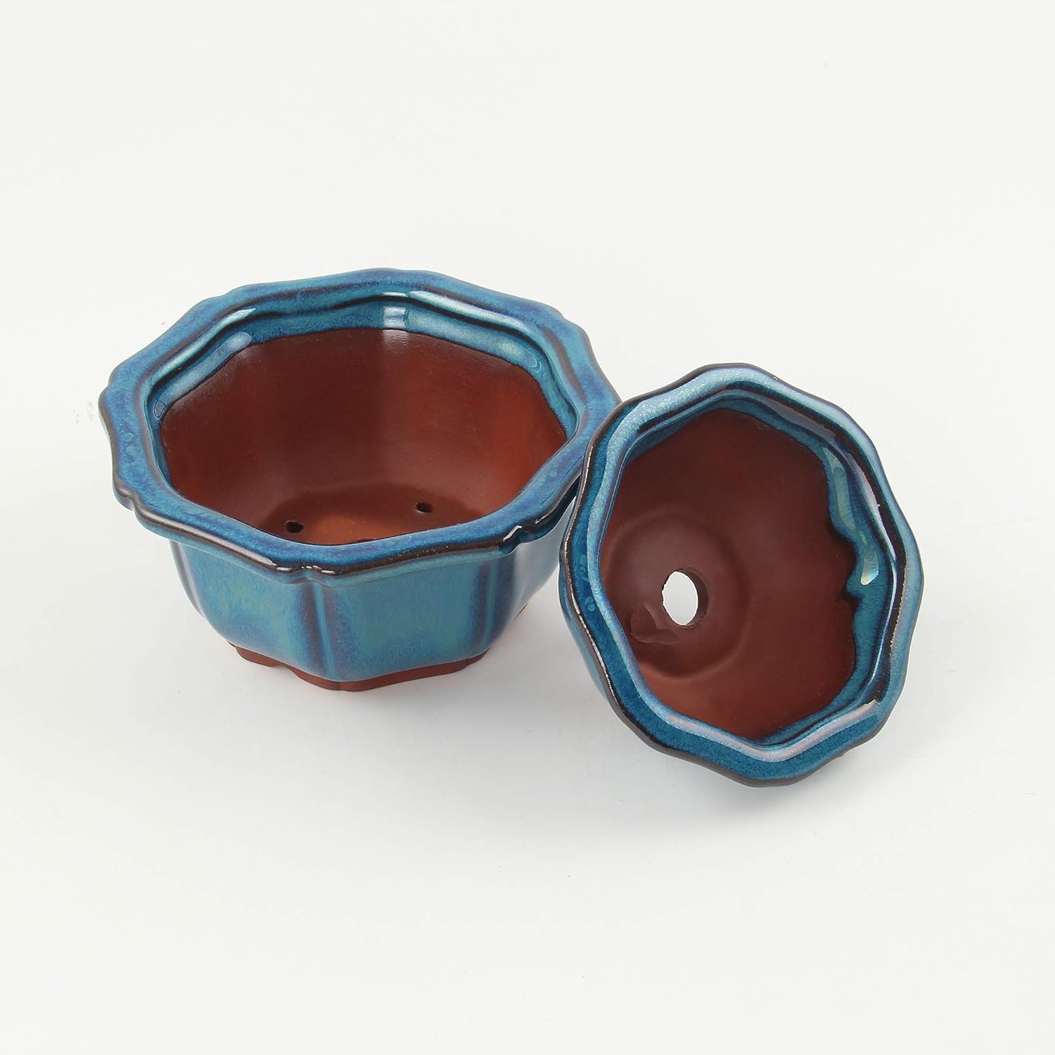 happy bonsai 5" Small Glazed Pots, Value Set of 2 + 4 Soft Mesh Drainage Screens, Blue - Image 5