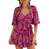 Relipop Women’s Summer Romper Floral V Neck Short Sleeve Waist Tie Ruffle Hem Vacation Outfits 2026 Casual One Piece Jumpsuit